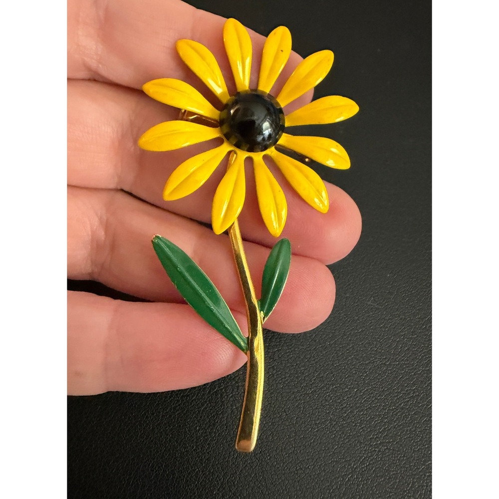 Vintage Enamel Flower Brooch Pop Art Yellow